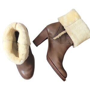 Michael Kors Brown Leather & Shearling Fold Over Heeled Ankle Bootie Boots Y2K 6
